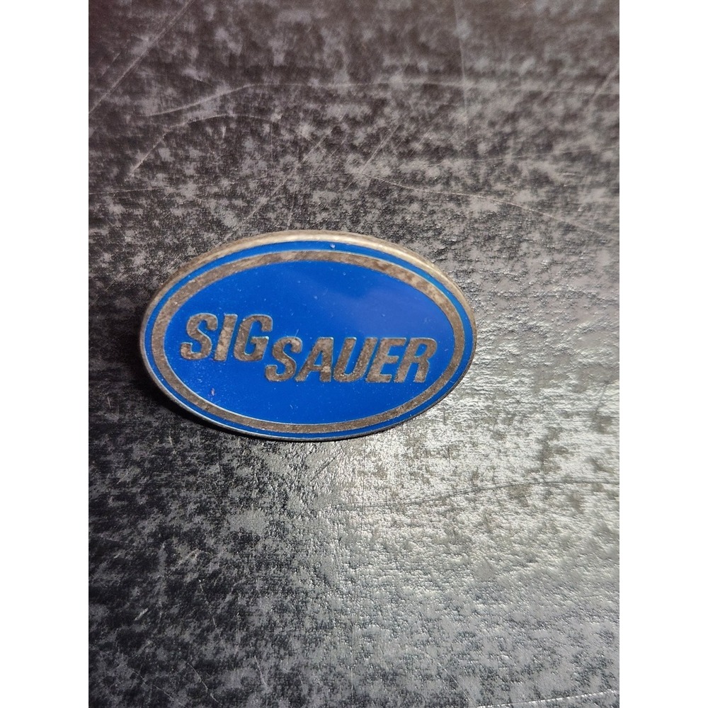 Vintage SIG SAUER Hunting Firearms Lapel Hat Pin 1.25" Oval Blue